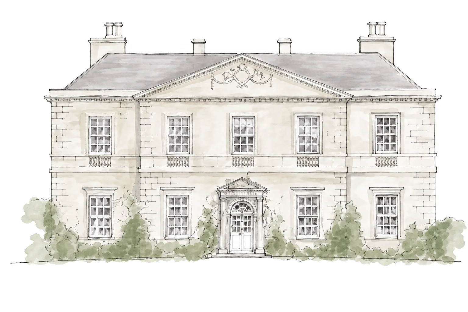 Pen and watercolour illustration of Middleton Lodge, a Georgian house with a pedimented front and planting along the base